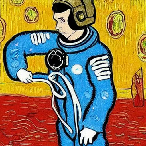 Prompt: Astronaut snorting blue crystal meth in the style of Vincent Van Gogh