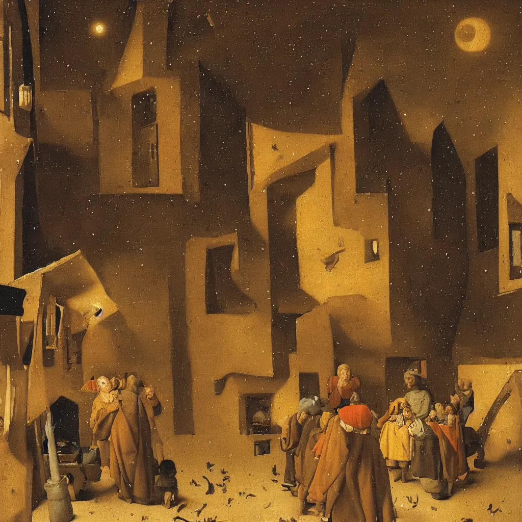 Image similar to The old teacher shows the two boys the constellations on the roof, the moon in the starry sky, medieval painting by Jan van Eyck, Johannes Vermeer, Florence