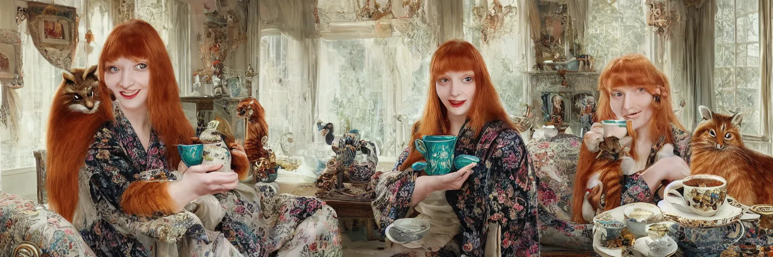 Image similar to a stunning hyper-detailed photorealistic painting of only one slender beautiful smiling woman with long ginger hair and bangs, wearing a luxurious silk robe, wearing headphones and posing with her large ginger tabby cat and her raccoon and parrots in an overstuffed easy chair in her sunlit victorian living room, holding a porcelain parrot-shaped coffee mug and a donut, perfect eyes, fashion photography, cinematic lighting, octane render, IBEX Masters, unreal engine, 85 mm lens,