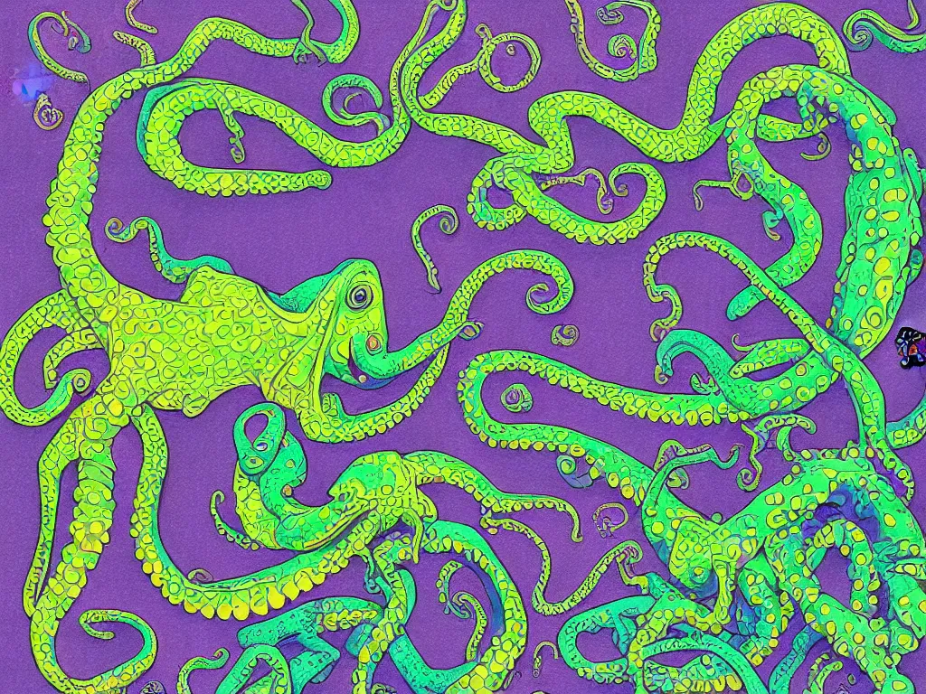 Prompt: chameleon and octopus, high detail, highly abstract, digital art, a bit vivid colors, a little bit touch of M. C. Escher