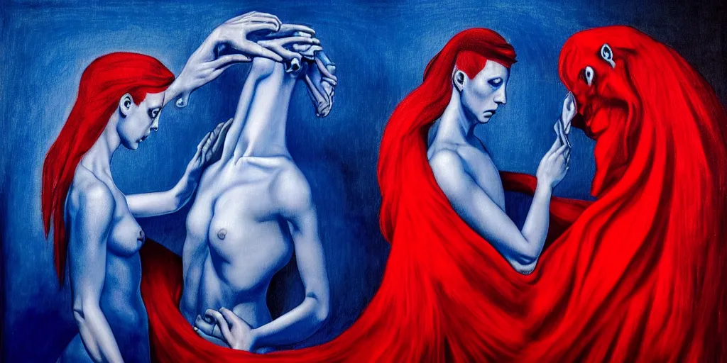 Image similar to only with blue, ney motogrosso in love with a red stallion, too many hands in all directions, in hoc signo vinces, waterfall, in the style of leonora carrington, gottfried helnwein, intricate composition, blue light by caravaggio, insanely quality, highly detailed, masterpiece, red light, artstation