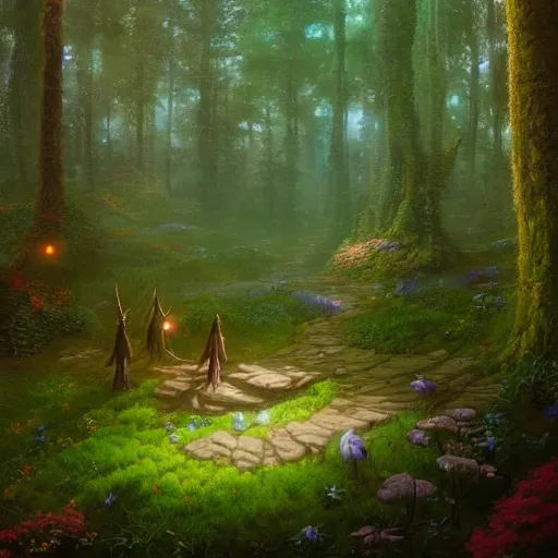 Prompt: a beautiful hyper realistic detailled matte painting of a serene forest of faeries, moss and flowers, butterflies by night, by Moebius and John Howe and Albert Bierstadt and Alena Aenami, unreal engine, trending on artstation, barometric projection, rectilinear