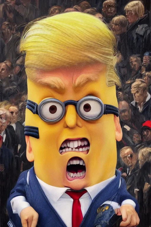 Prompt: trump with blond hair as a minion standing in front of a riot, oil on canvas, intricate, portrait, 8 k highly professionally detailed, hdr, cgsociety