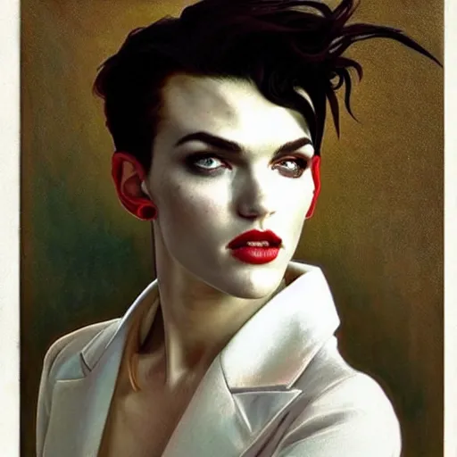 Image similar to fetching portrait of androgynous ruby rose as desire from sandman in a white tuxedo!!!, rockabilly style,, by alphonse mucha, by jeremy mann, by peter lindbergh, dave mckean, by frank moth, white suit and black tie, soft lightning, high detailed, 8 k