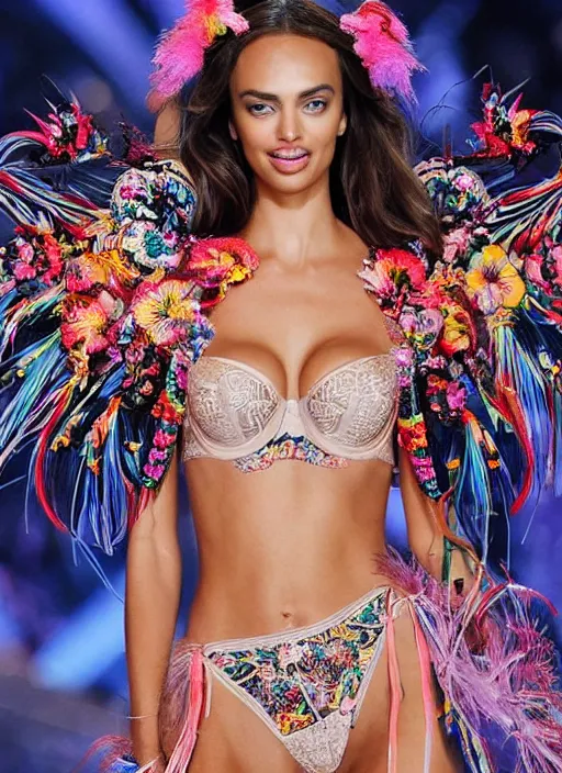Prompt: beautiful catwalk portrait of Irina Shayk wearing fantastic bra and dress walking in the VICTORIA'S SECRET fashion show runway,embellished beaded feather decorative fringe knots ,colorful pigtail,subtropical flowers and plants,symmetrical face,intricate,elegant,highly detailed,8k,post-processing,digital painting,trending on pinterest,harper's bazaar,concept art, sharp focus, illustration, by artgerm,Tom Bagshaw,Lawrence Alma-Tadema,greg rutkowski