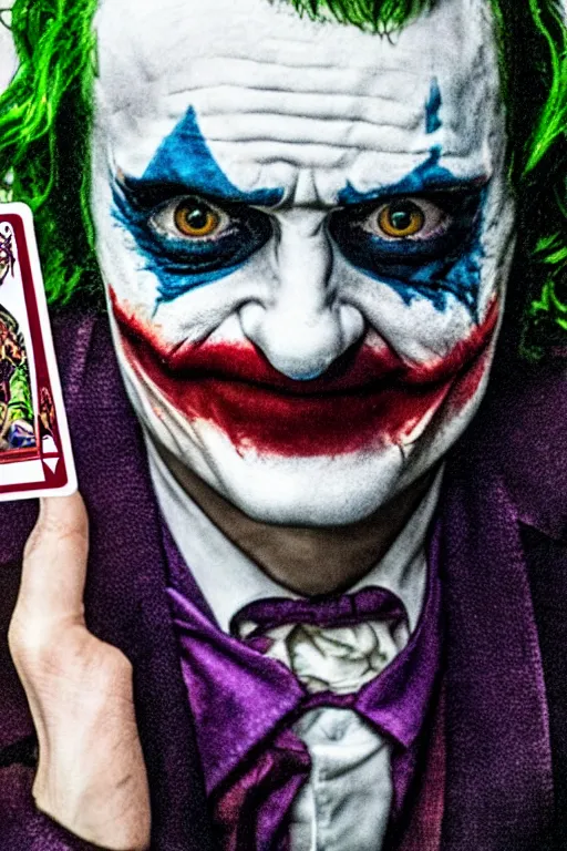 Image similar to film still of Elijah wood as joker in new joker film, printed on a playing card