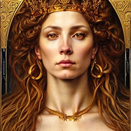 Image similar to highly detailed portrait of a majestic lioness queen in the form of a beautiful woman. d & d, art by donato giancola and evelyn de morgan and eugene delacroix. trending on artstation, intricate details, energetic composition, golden ratio, concept art, illustration, elegant art, global illuminaition