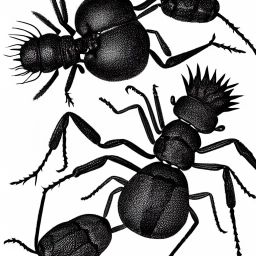 Prompt: fire ant, black and white, botanical illustration