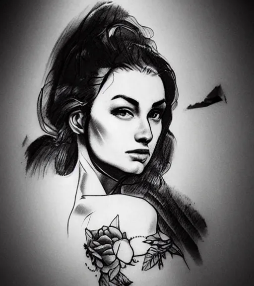 Prompt: tattoo design sketch of the most beautiful woman portrait with a background of beautiful mountains on the side, hyper - realistic, double exposure effect, in the style of den yakovlev, amazing detail, black and white, faded