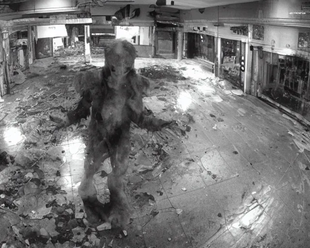 Image similar to camera footage of a extremely aggressive Vomiting Ronald McDonald with a knife and glowing white eyes, False Human Features, in an abandoned shopping mall, Psychic Mind flayer, Terrifying, Insane Ronald McDonald :7 , high exposure, dark, monochrome, camera, grainy, CCTV, security camera footage, timestamp, zoomed in, Feral, fish-eye lens, Fast, Radiation Mutated, Nightmare Fuel, Ancient Evil, No Escape, Motion Blur, horrifying, lunging at camera :4 bloody dead body, blood on floors, windows and walls :5