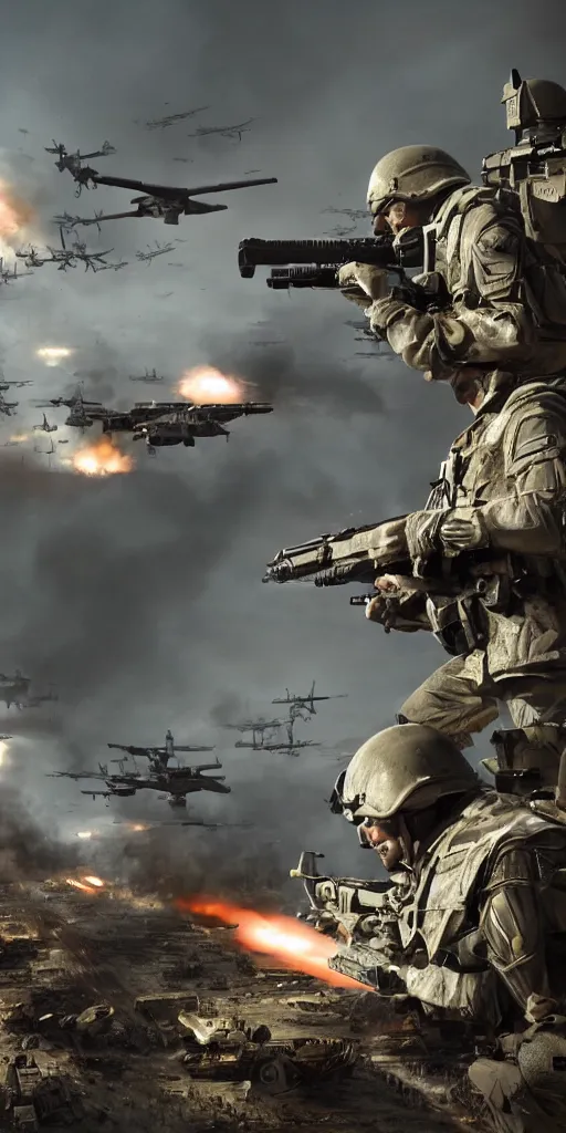 Image similar to concept art, world war iii, war scenes, super wide - angle, uav, soldiers'remote command, special forces'launching kinetic energy weapons, launching tracking missiles, armor piercing missiles, drag light bombs, backlight, cyberpunk, call of duty, future war, smooth lines, high detail, 8 k, octane rendering, unreal engine.