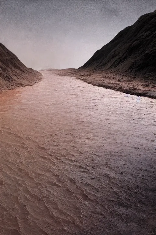 Prompt: muddy river leads to pearlescent sea by hiroshi yoshida, marc simonetti, roger deakins, turner, rothko, hyperrealism, cinematic, dramatic storm desert sunset, matte painting, fluid simulation, tonalism, volumetric light, timelapse, trending on artstation, cgsociety, high detail concept art, top view, rendered in octane