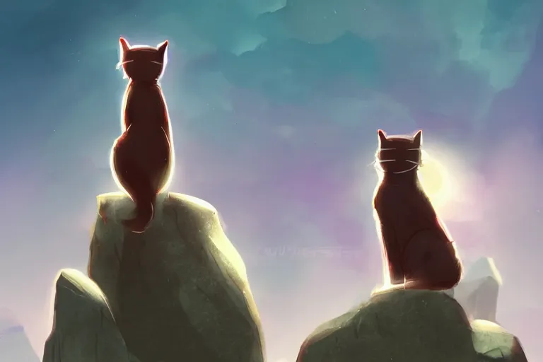 Image similar to cat standing on a rock in front of a crowd of cats, dramatic, backlighting, digital art, trending on furaffinity, by kawacy, fanart