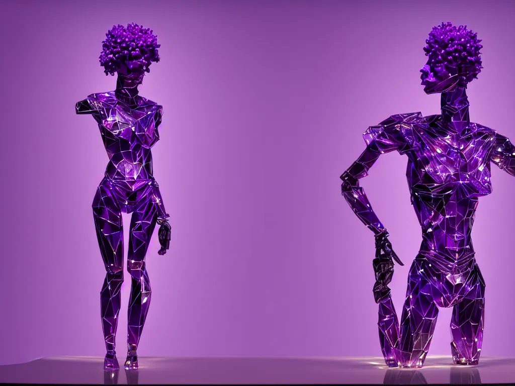 Image similar to beautiful mannequin sculpted out of amethyst by billelis + lit with purple 3 d geometric neon + chrome geometric cubed bonsai plants!!!!, doorway opening with neon pink geometric light, clean linework, dramatic, finely detailed, rule of thirds, moody, confident, award winning, 4 k, trending on artstation, photorealistic, volumetric lighting, octane render