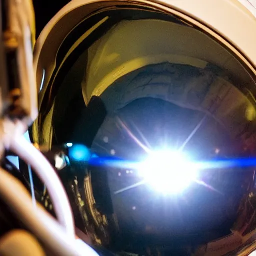 Prompt: a close up photo of an astronaut floating in space. his helmet visor is dark and reflective. you can see the reflection of the photographer in his helmet visor.