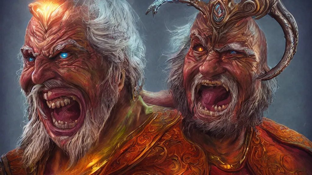 Image similar to bright, colorful, realistic, detailed from Elder Scrolls: Shivering isles concept art of The Mad God Sheogorath with a madsmile backlighting, kodachrome, high contrast, highly detailed, sharp focus, digital painting, concept art, illustration, trending on artstation, comic book by Alex Ross and Adam Adamowicz cover art