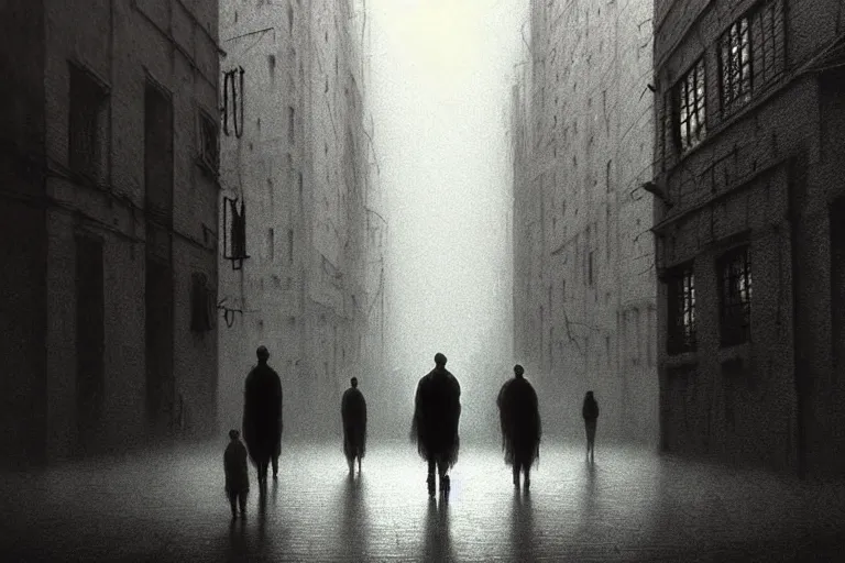 Prompt: people walking on city street, in the style of beksinski, solarpunk, atmospheric, clean, intricate and epic composition, gray by caravaggio, insanely quality, highly detailed, masterpiece, white light, artstation, 4 k