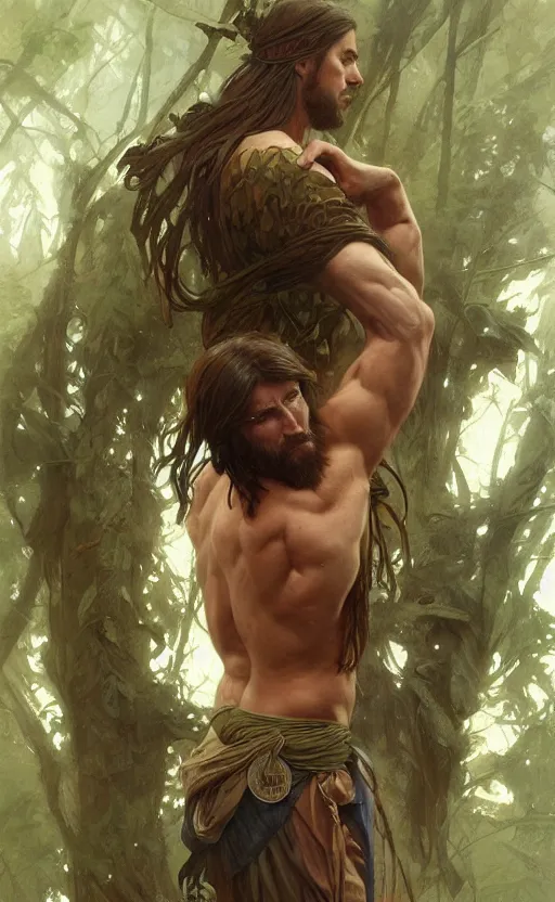 Image similar to God of the forest, male, shoulder-length hair, gorgeous, amazing, muscular, intricate, highly detailed, digital painting, artstation, concept art, sharp focus, illustration, art by greg rutkowski and alphonse mucha