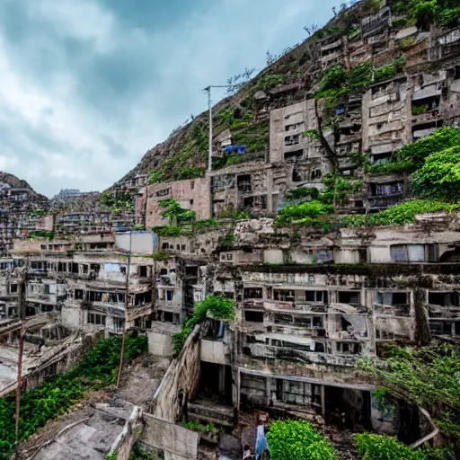 Image similar to View through the streets and upwards of Hashima gradually returning to nature