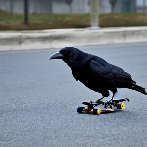 Prompt: a photo of a crow riding a skateboard