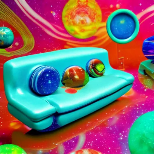 Image similar to fisher price couch, perfect focus, psychedelic trippy couch in space, planets, milky way, sofa scene from tv show hyper detailed 5 5 mm 8 5 mm, toy photography, made out of plastic