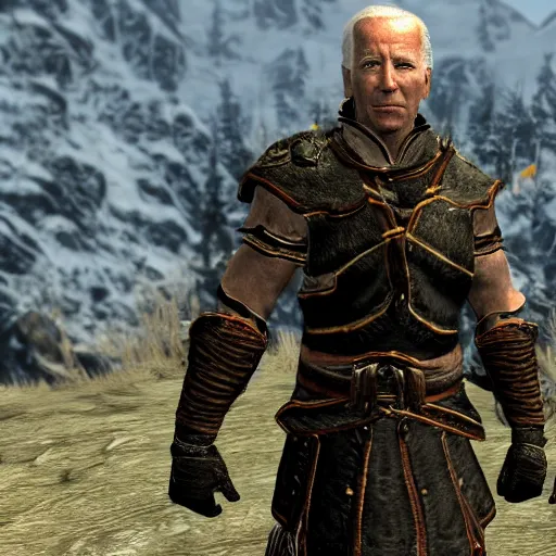 Prompt: Video game screenshot of Joe Biden in skyrim