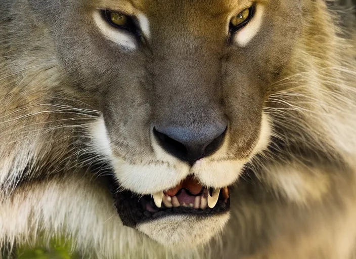 Prompt: award winning nature photo of a saber tooth big cat, sabor_tooth_feline, Smilodon, Smilodon, Smilodon, long fangs, detailed fur, zoo photography, National Geographic, HD,