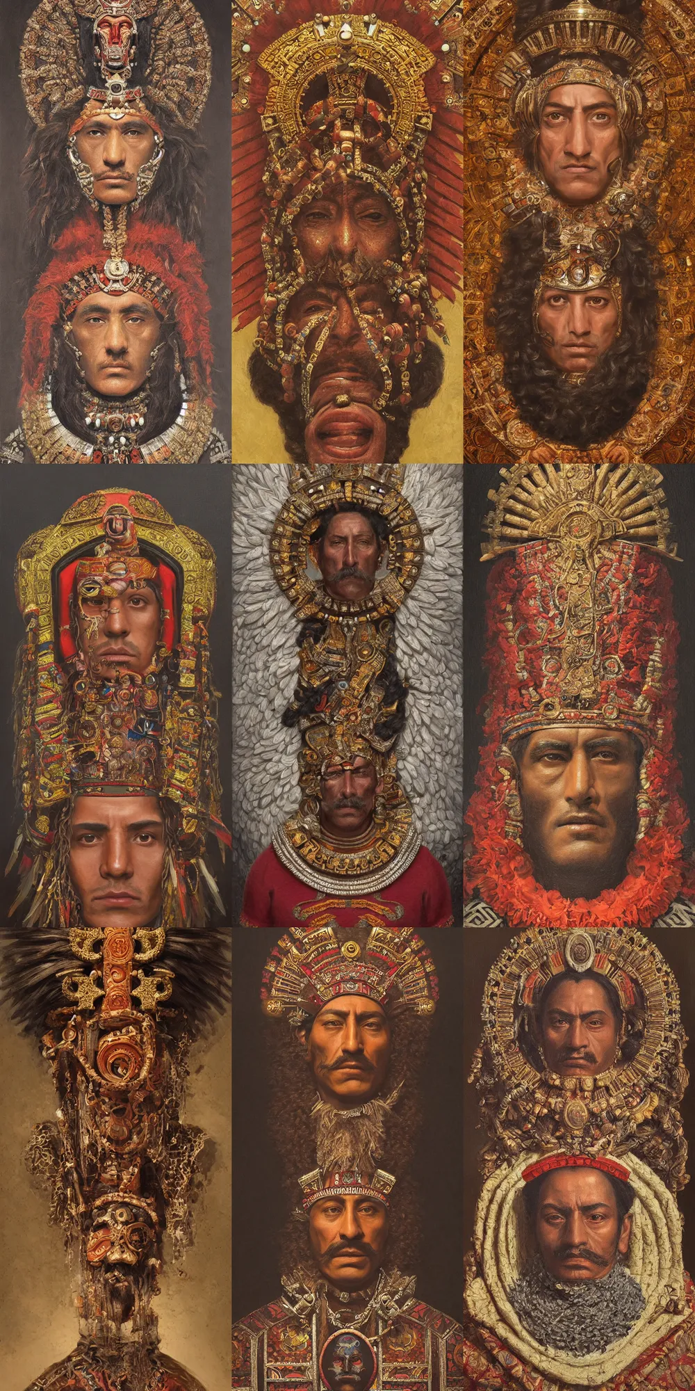 Prompt: a stunning and noble highly detailed romantic period style portrait of the head of Aztec emperor Montezuma, by Josep Tapiró Baró, trending on artstation, oil painting masterpiece, symmetry, fractals, Aztec iconography