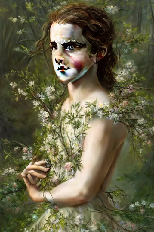 Image similar to Emma Watson as a beautiful forest nymph, oil on canvas, intricate, portrait, 8k highly professionally detailed, HDR, CGsociety