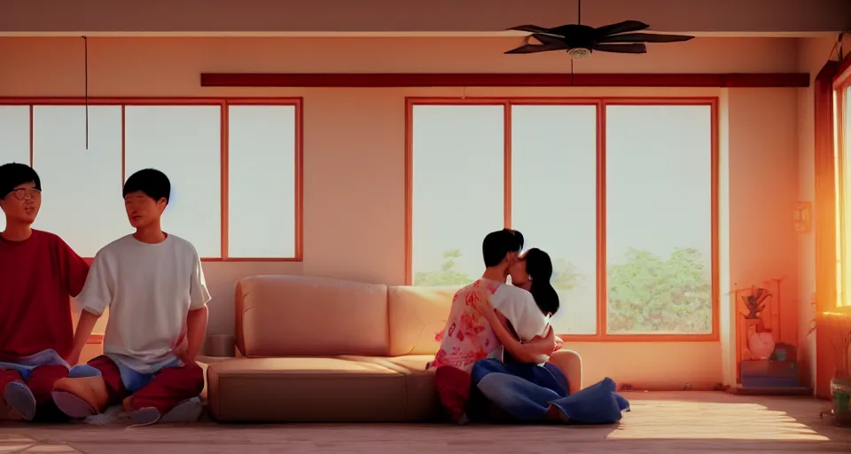Image similar to 1 9 9 3, disposable camera, flash, pov, wide shot of asian couple hugging at each other, sitting in rural living room, group of mechanical fans placing around the room, day light, colorful mood, high details, octane render, 8 k