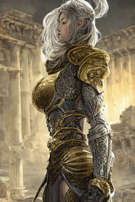 Image similar to portrait knights of Zodiac girl, metallic Silver and ice color reflected armor, in ruined Agora of Athens, ssci-fi, fantasy, intricate, very very beautiful, elegant, golden light, highly detailed, digital painting, artstation, concept art, smooth, sharp focus, illustration, art by WLOP and tian zi and alphonse mucha