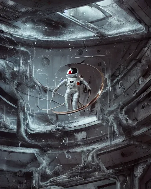 Prompt: organic brutalist construction with fluid metal parts floating in void hallucinating, an astronaut covered by extraterrestrial fluid, creative VFX, no text, rendered with octane, hyper realistic, hyper detailed, surreal, futuristic, 8k