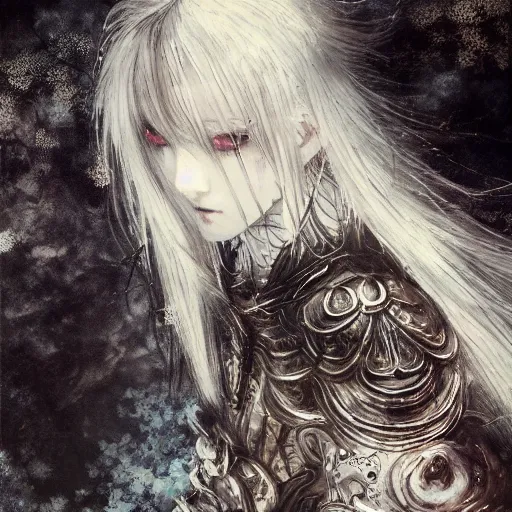 Prompt: yoshitaka amano blurred and dreamy illustration of an anime girl with wavy white hair fluttering in the wind and cracks on her face wearing elden ring armour with the cape, abstract black and white patterns on the background, noisy film grain effect, highly detailed, renaissance oil painting, weird portrait angle