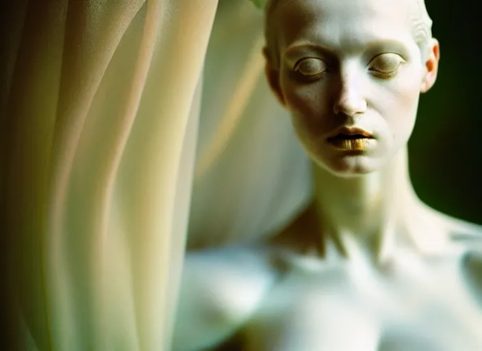 Image similar to cinestill 5 0 d photo portrait of a beautiful hybrid woman - statue in style of tim walker by roberto ferri, body skin weird marble, hair is intricate tulle, 5 0 mm lens, f 1. 2, sharp focus, ethereal, emotionally evoking, head in focus, bokeh volumetric lighting, tonal colors outdoor