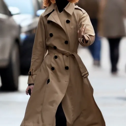 Image similar to 4 k award - winning still of evan rachel wood with brown hair with bangs wearing a trench coat walking in new york city