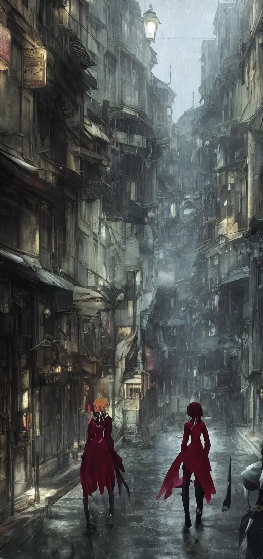 Image similar to lelouch lamperouge, asuka langley and annie leonhart roaming the streets of dishonored town, dunwall city, redshift render, cinematic lighting, rainy weather, melancholy atmosphere, dunwall city, volumetric light, octane render, dishonored game, dishonored 1, gothic architecture, realistic reflections, octane render 8 k