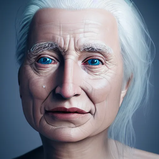 Image similar to cinematic photograph taken by annie leibovitz, hyper detailed, realistic female face and shoulders, white skin made from painted porcelain, white hair, fine facial features, white eyes and eyelashes, 8 k, 1 5 0 ml lens, elegant, white background pastel blue lighting, octane render, volumetric lighting