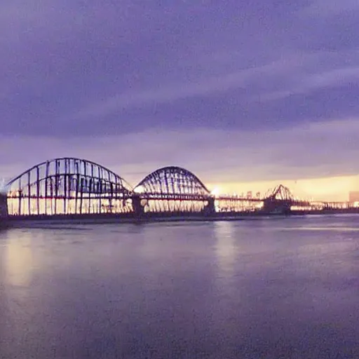 Image similar to blue hour, mostly cloudy sky, palm trees, bridge, curved bridge, dusk, oceanfront bridge, 2 4 0 p footage, 2 0 0 6 youtube video, 2 0 0 6 photograph, grainy low quality photograph, home video