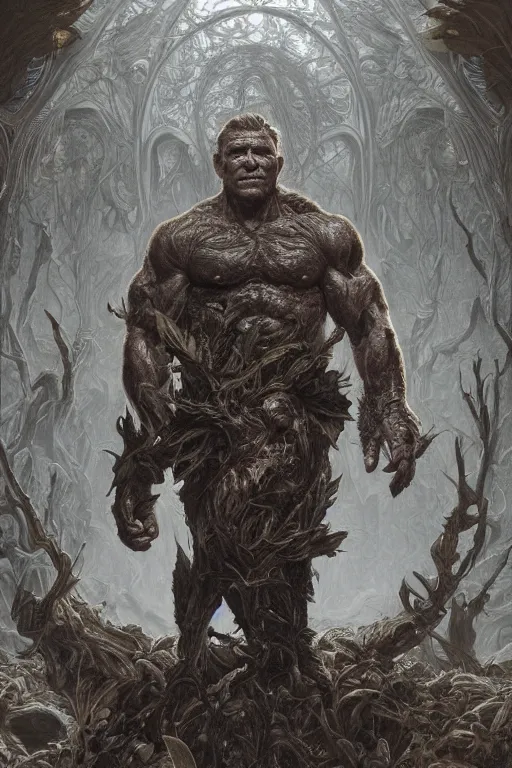 Image similar to portrait of george w bush as a hulking herculean demon, forest, godlike, full body, fantasy, intricate, elegant, highly detailed, digital painting, artstation, concept art, sharp focus, illustration, art by artgerm and greg rutkowski and alphonse mucha