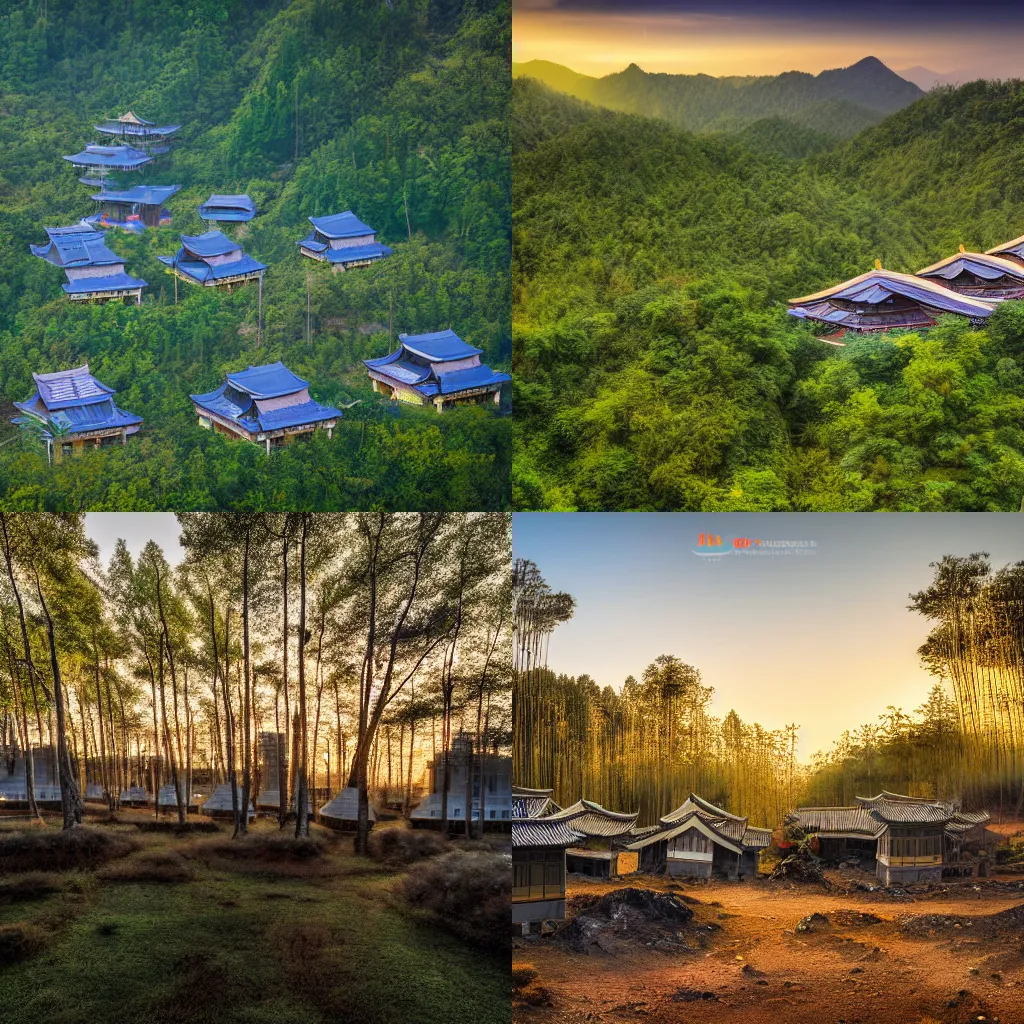 Prompt: A ground view photograph of futuristic Chinese houses, remote area, forest, 4k, high-resolution, golden hour