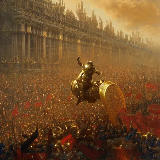 Image similar to artstation concept of a man in armor standing in a crowd gettig cheered, bright colorful, gold, hyperdetailed, artstation trending, world renowned artists, worth 1 0 0 0. com, historic artworks society, antique renewel, cgsociety, by greg rutkowski, by gustave dore, deviantart