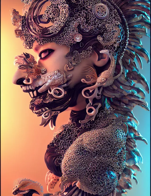 Image similar to 3 d goddess close - up 3 / 4 portrait with ram skull. beautiful intricately detailed japanese crow kitsune mask and clasical japanese kimono. betta fish, jellyfish phoenix, bio luminescent, plasma, ice, water, wind, creature, artwork by tooth wu and wlop and beeple and greg rutkowski