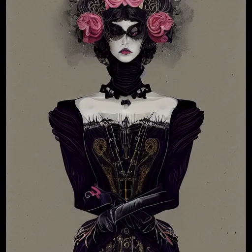 Image similar to beautiful and haunting portrait of a death countess, in the style of Midjourney, elegant and intricate stylized design of royal dress with corset, ethereal, sinister, cinematic, art style by James Jean, Darius Zawadzki, Artstation trending, 8k