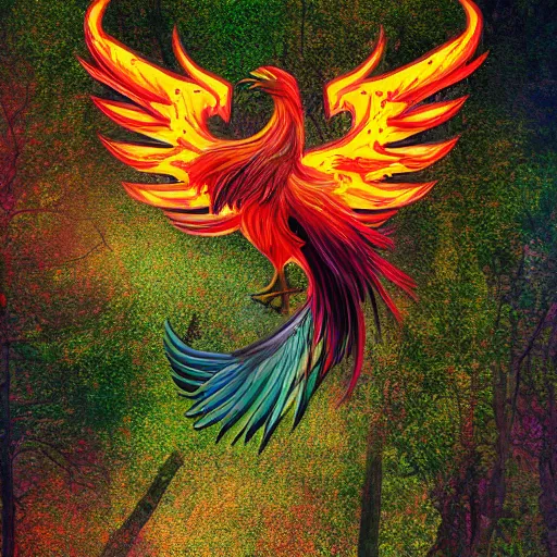 Prompt: A colorful phoenix full of color on top of a rusty truck, in an abandoned forest, photo realistic, digital art, trending on artstation, 8k