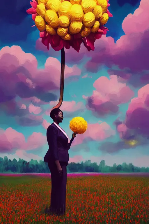 Image similar to portrait, giant flower as head, black woman in suit, surreal photography, golden hour, colorful clouds, impressionist painting, digital painting, artstation, simon stalenhag