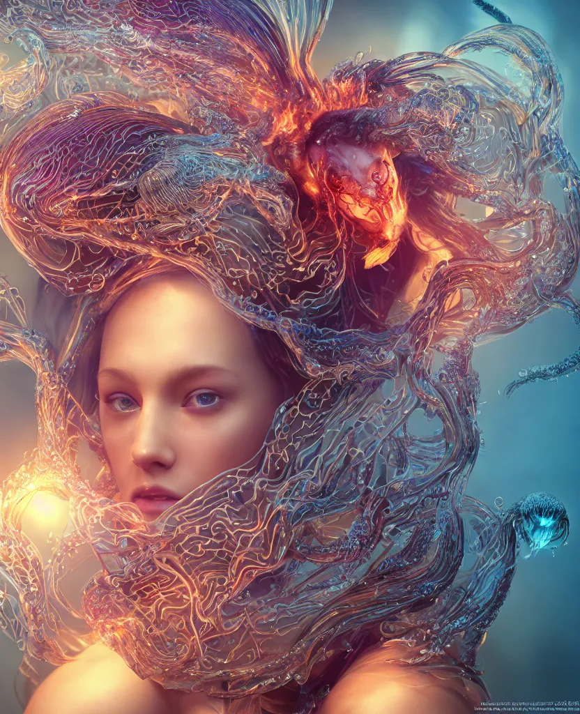 Image similar to close-up macro portrait of the face of a beautiful princess, epic angle and pose, symmetrical artwork, 3d with depth of field, blurred background, cybernetic jellyfish female face skull phoenix bird, translucent, nautilus, energy flows of water and fire. a highly detailed epic cinematic concept art CG render. made in Maya, Blender and Photoshop, octane render, excellent composition, cinematic dystopian brutalist atmosphere, dynamic dramatic cinematic lighting, aesthetic, very inspirational, arthouse. y Greg Rutkowski, Ilya Kuvshinov, WLOP, Stanley Artgerm Lau, Ruan Jia and Fenghua Zhong