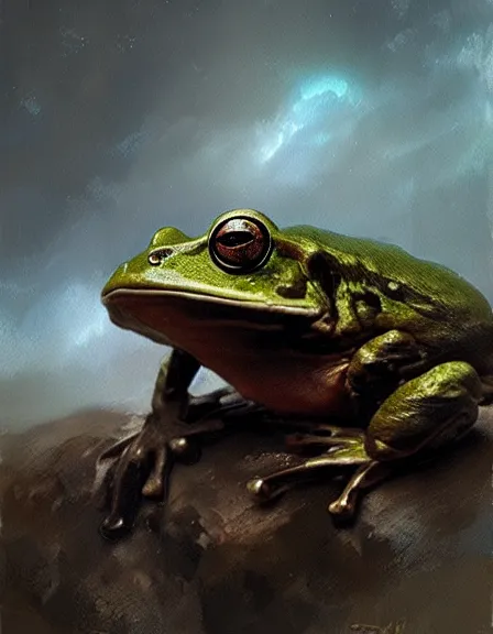 Image similar to a sad frog looking the sky by Ruan Jia, oil on canvas, artstation, dramatic scenery, masterpiece, aesthetic