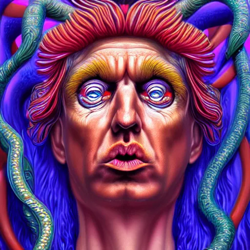Image similar to an extremely psychedelic portrait of medusa as donald trump, surreal, lsd, face, detailed, intricate, elegant, lithe, highly detailed, digital painting, artstation, concept art, smooth, sharp focus, illustration