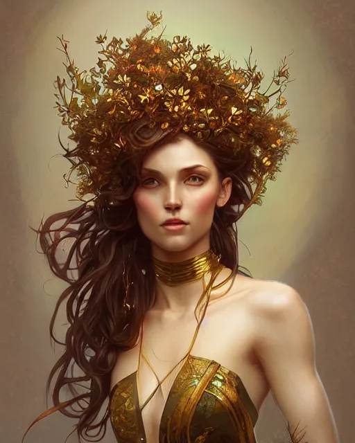 Prompt: dryad, perfect face, gold waistcoat, cinematic, stunning, highly detailed, digital painting, artstation, smooth, hard focus, illustration, art by artgerm and greg rutkowski and alphonse mucha