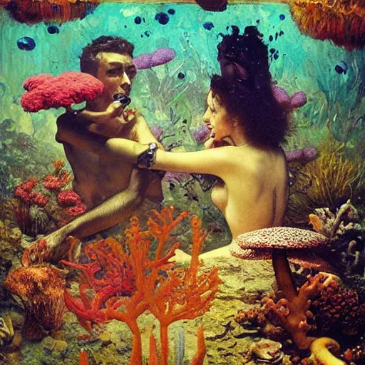 Image similar to a beautiful underwater portrait of two lovers surrounded by smoke mushrooms and coral reefs and crystals and plants, painting part by wojciech siudmak, part by ilya repin, part by max ernst, part by norman rockwell, artstation